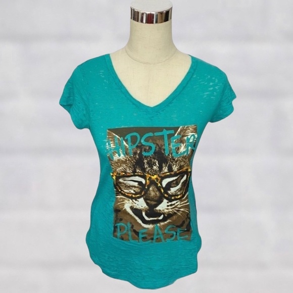 NO Boundaries Small Teal Short Sleeve Sassy Cat Graphic Tee - Picture 4 of 4